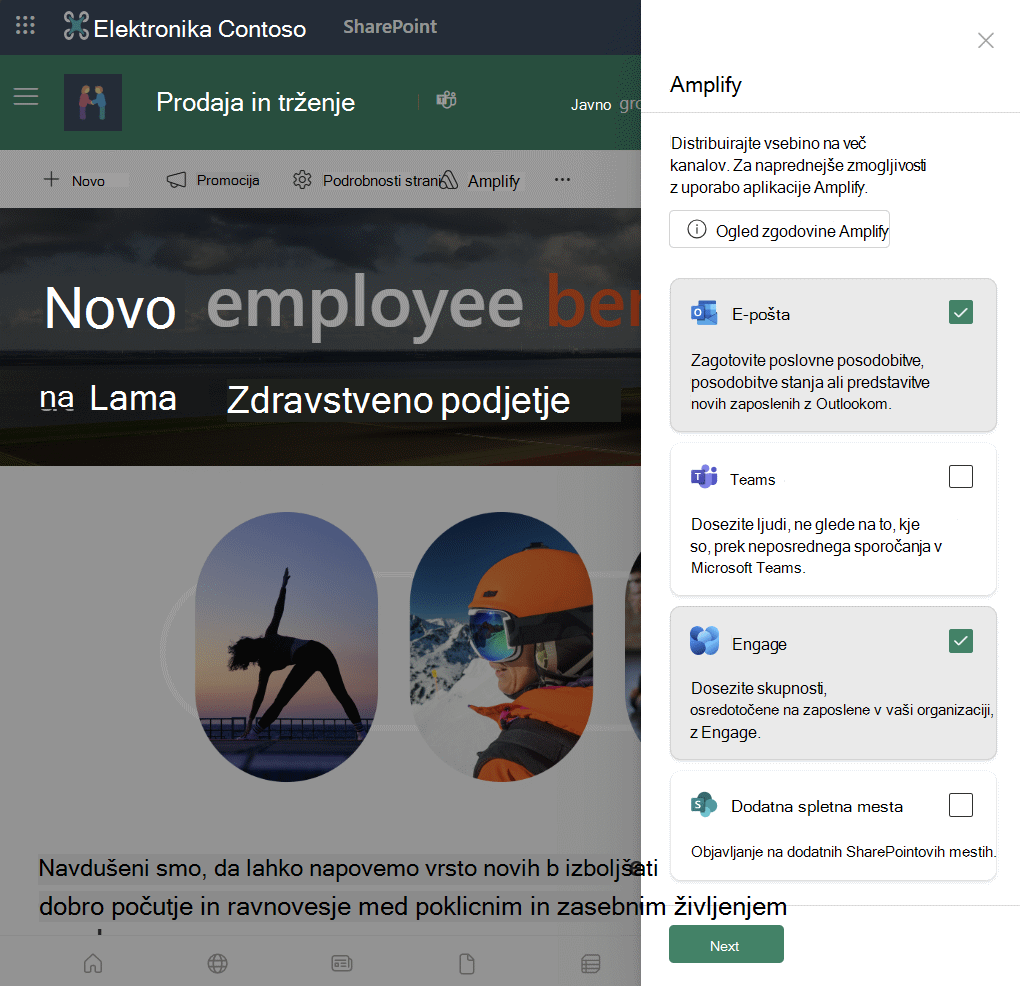 Amplify iz SharePointove plošče, ki se odpre v SharePointovi objavi z novicami, ki prikazuje, da lahko povečate na e-pošto, Teams, Engage in dodatna mesta.