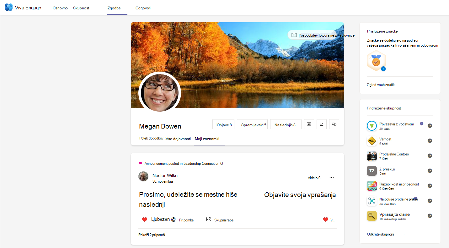 Posnetek zaslona pogovora v rešitvi Viva Engage z odprtim menijem z več možnosti.