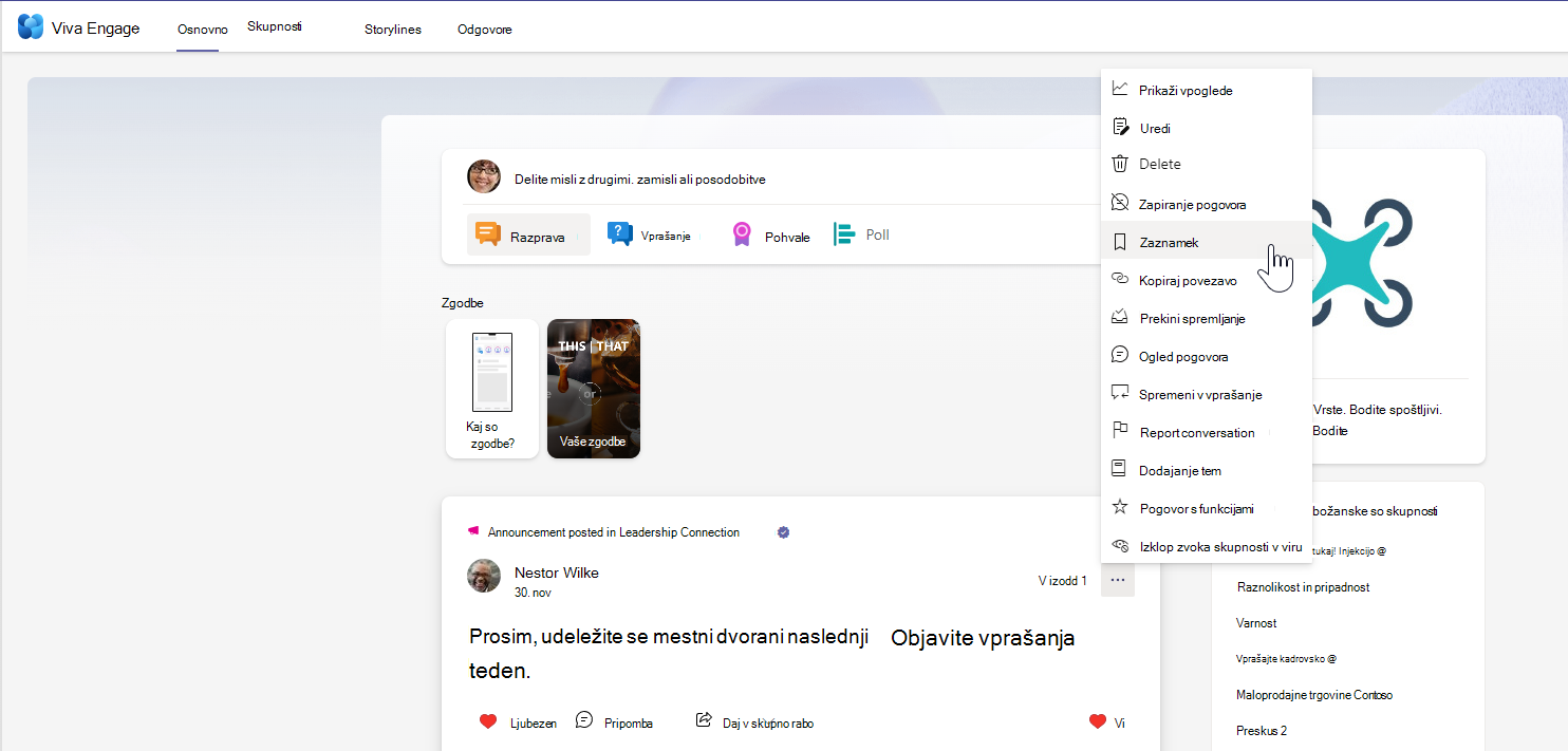 Posnetek zaslona pogovora v rešitvi Viva Engage z odprtim menijem z več možnosti.