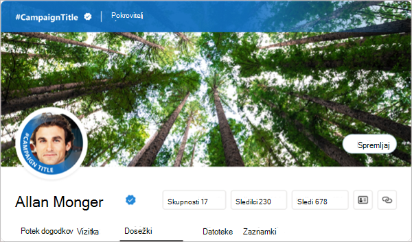 Vaš profil se prikaže z barvami oglaševalske akcije in hashtagom, ko se odločite za označevanje oglaševalske akcije.