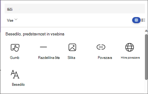 Posnetek zaslona plošče za izbiro spletnega gradnika z gumbom, razdelilnim elementom, slikami, povezavami, hitrimi povezavami in besedilom.