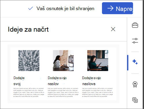 Posnetek zaslona z izbrano ikono »Ideje za načrt«.