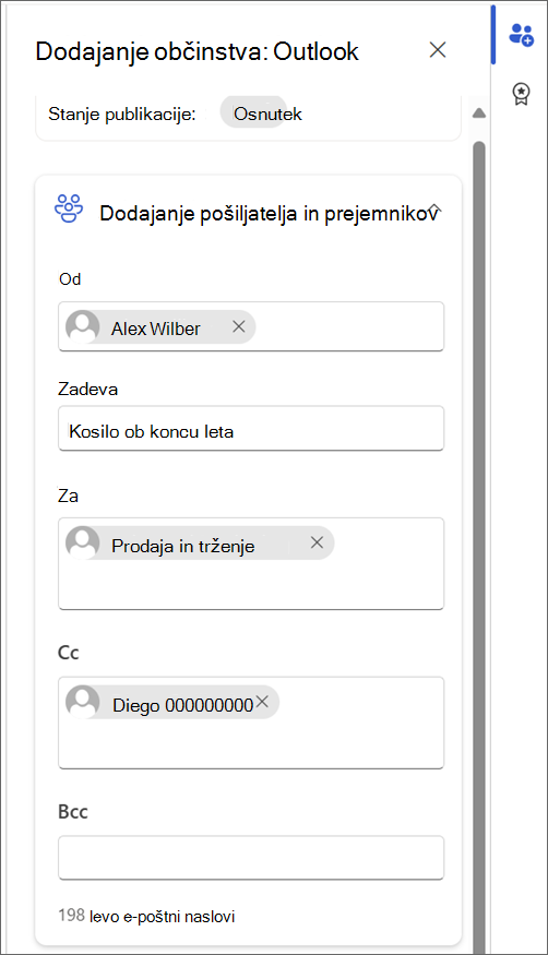 Posnetek zaslona polja Za v Outlooku, na katerem je prikazan izbran e-poštni naslov.