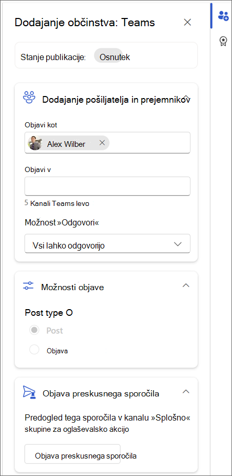 Posnetek zaslona podokna za prilagajanje aplikacije Teams, ki prikazuje vzorčno objavo v aplikaciji Teams.