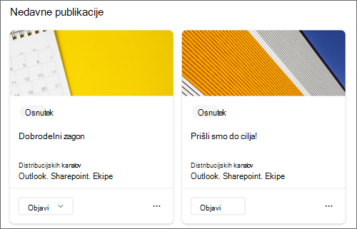 Posnetek zaslona vzorčnih nedavnih osnutkov publikacij na strani s pregledom.