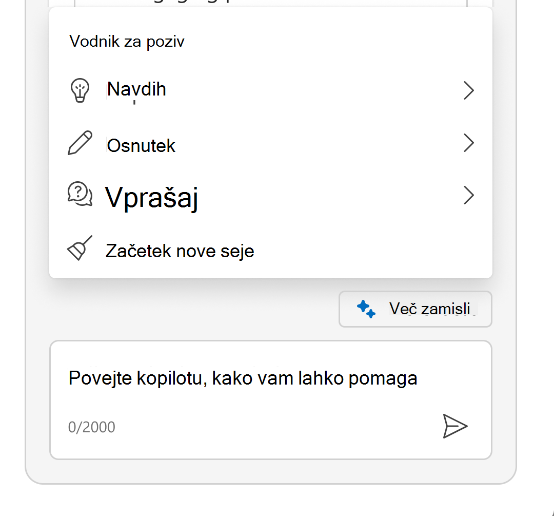 Posnetek zaslona, ki prikazuje razširjen iskri meni za prikaz vodnika po pozivih.