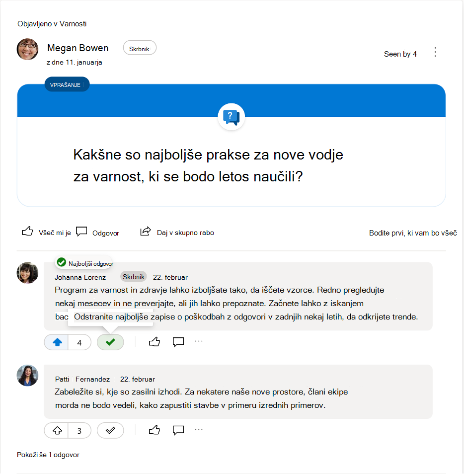 Odstranjevanje oznake najboljšega odgovora na vprašanje v storitvi Yammer