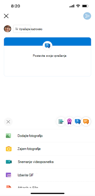 Vprašanje v storitvi Yammer v mobilnem telefonu s sistemom iOS