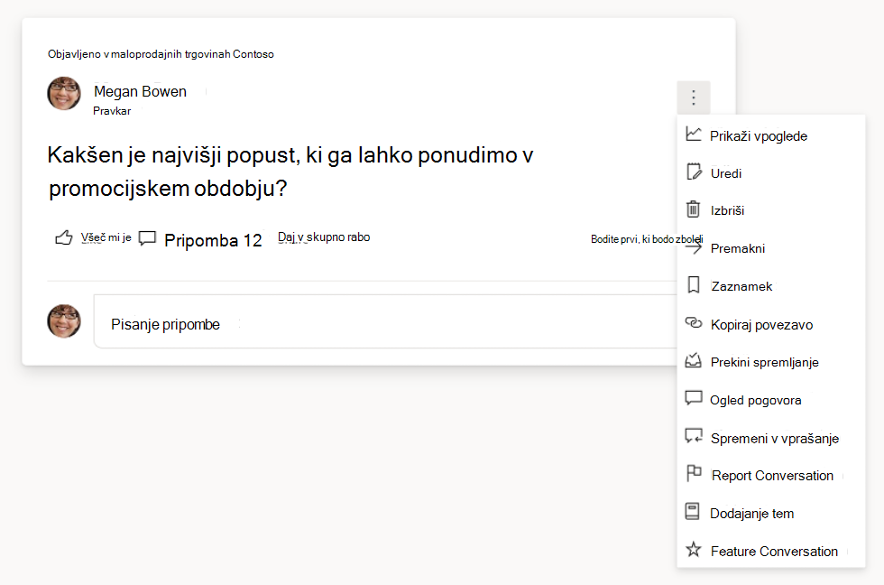 Posnetek zaslona, ki prikazuje možnosti vprašanj in pogovorov
