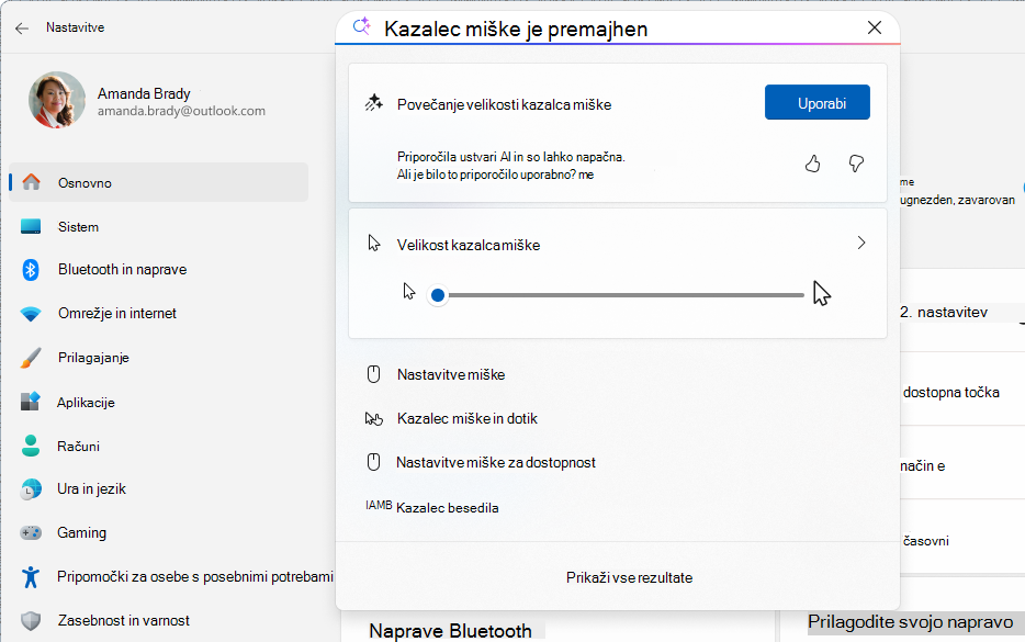 Posnetek zaslona z nastavitvami, ki prikazuje iskanje na podlagi umetne inteligence z uporabo agenta.