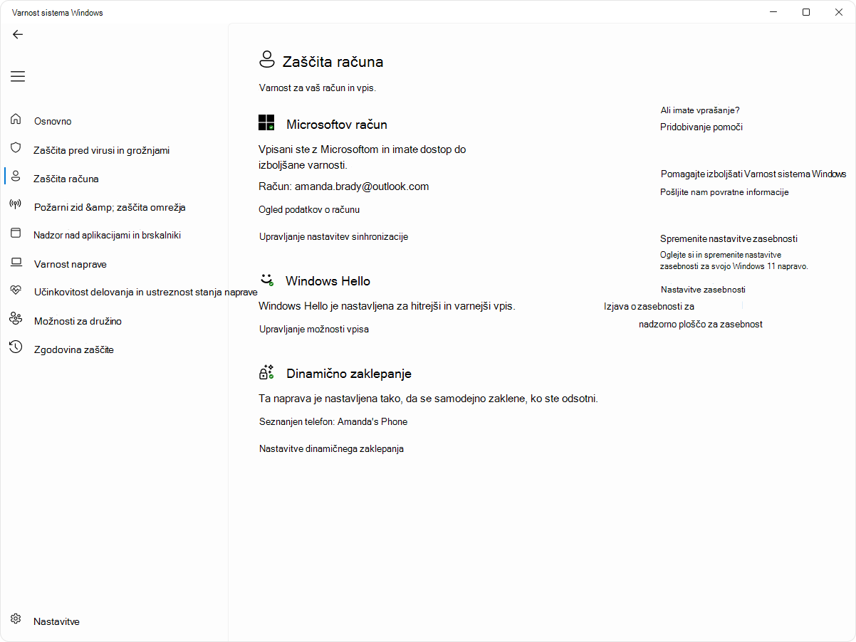Posnetek zaslona strani za zaščito računa v aplikaciji Varnost sistema Windows.