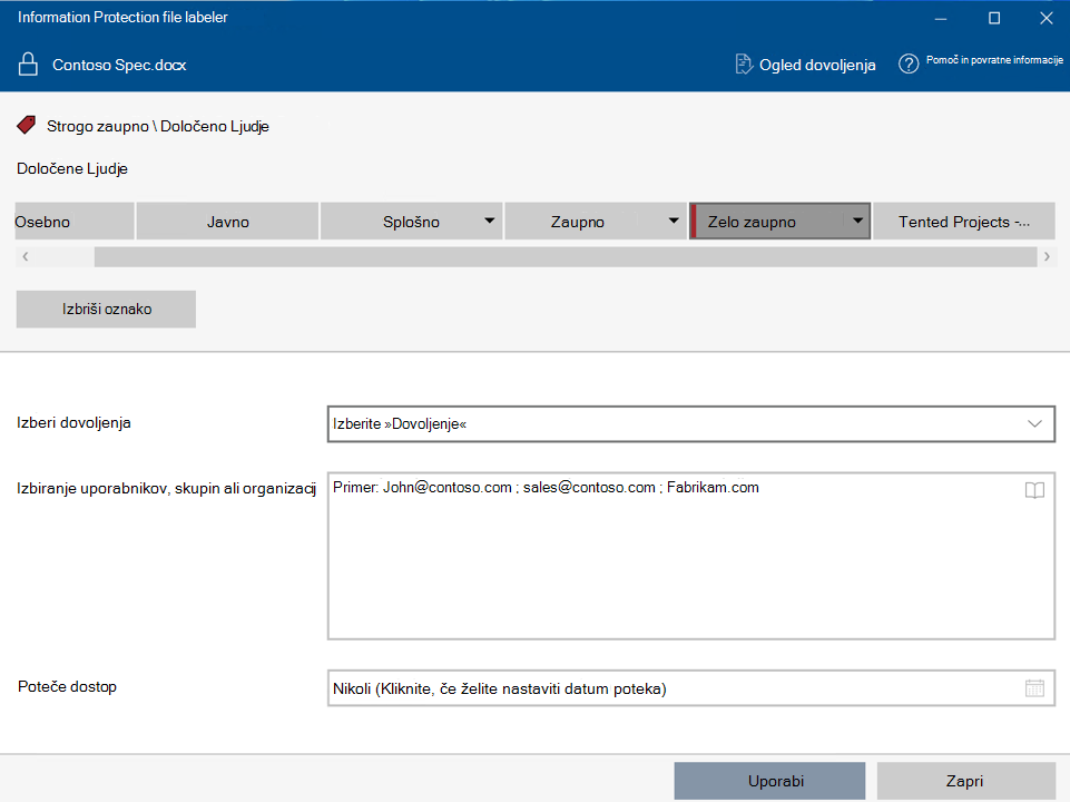 Uporaba oznake občutljivosti z dovoljenji po meri z oznako datoteke Microsoft Purview Information Protection