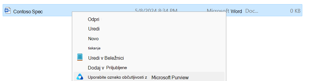 Uporaba oznake občutljivosti s storitvijo Microsoft Purview v Raziskovalcu