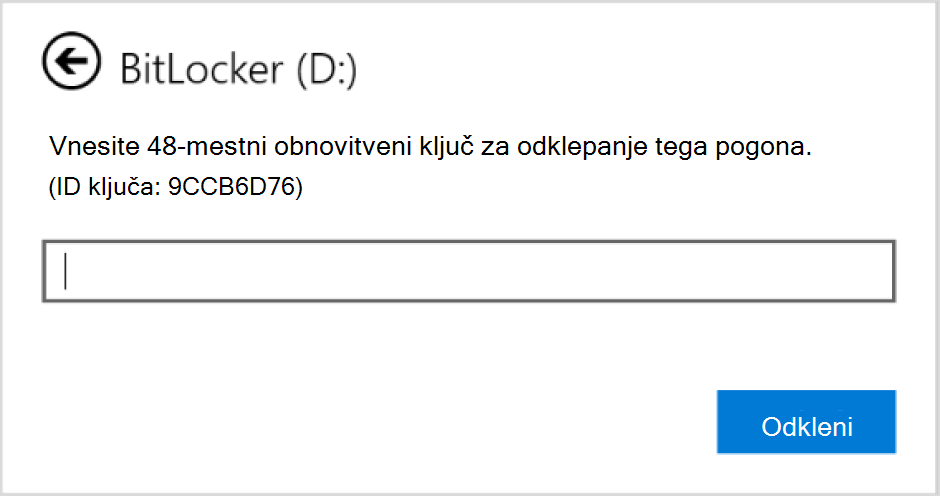 Posnetek zaslona pogovornega okna za vnos obnovitve BitLocker za podatkovni pogon.