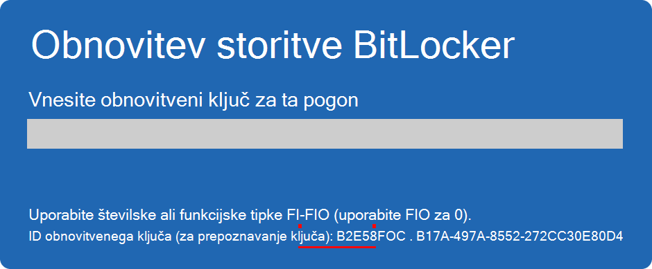 Posnetek zaslona obnovitve BitLocker, na katerem je označen ID ključa.