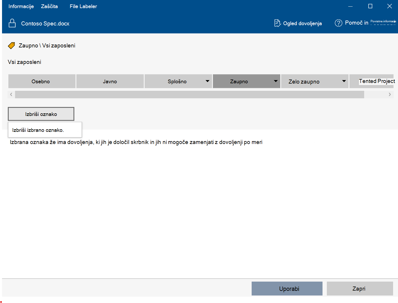 Brisanje oznake z označevalnikom datotek Microsoft Purview Information Protection