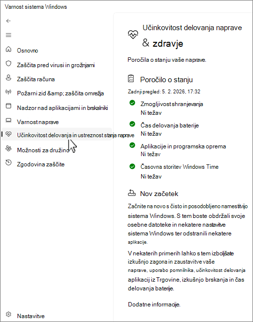 Posnetek zaslona strani za napravo in učinkovitost delovanja programa Varnost sistema Windows.