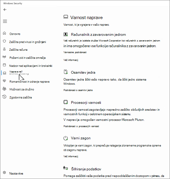 Posnetek zaslona varnostnega zaslona naprave v programu Varnost sistema Windows.