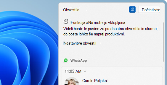 Posnetek zaslona možnosti »Ne motite« v središču za obvestila.