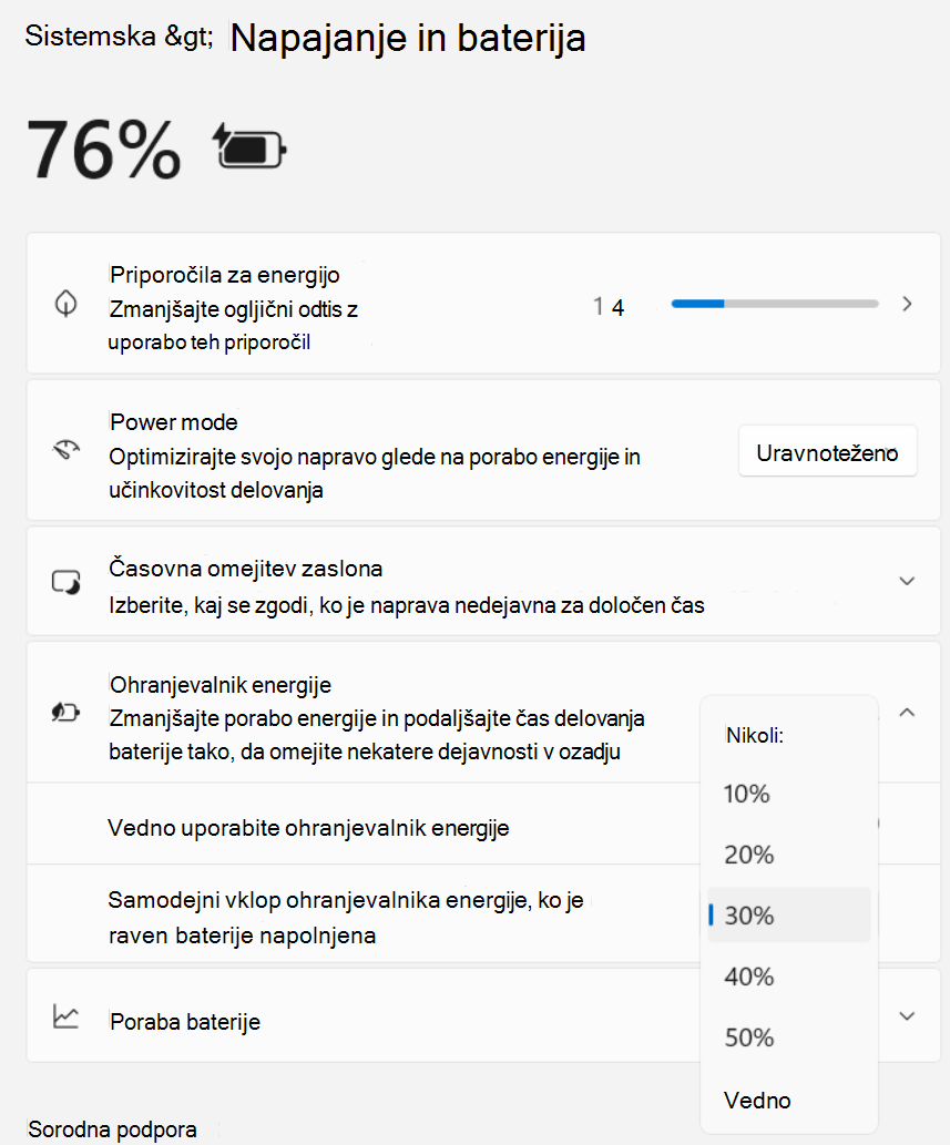 Posnetek zaslona z nastavitvami > Napajanje sistema > in baterija > Ohranjevalnik energije