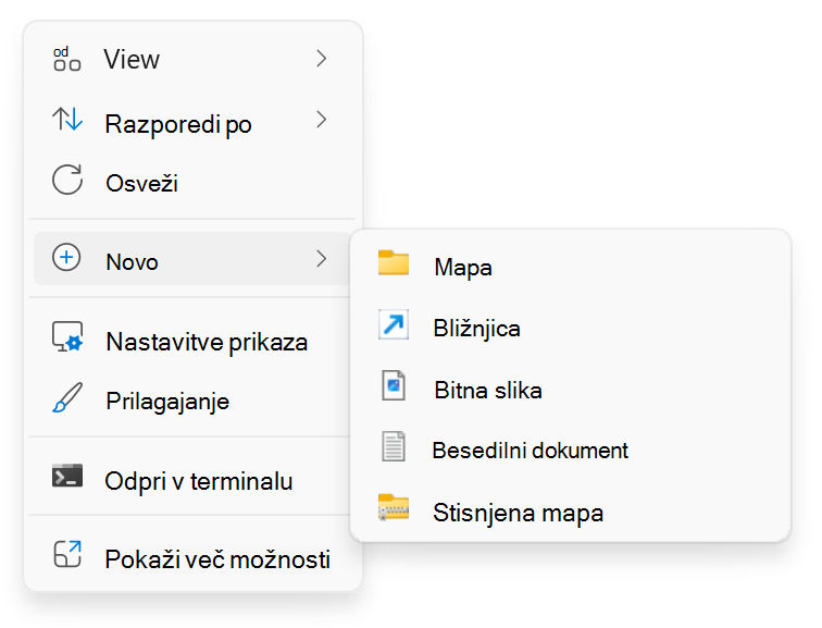 Posnetek zaslona možnosti »Novo«, ki ga kliknete > z desno tipko miške.