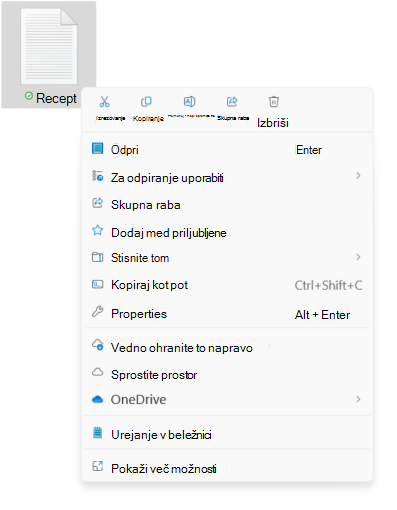 Posnetek zaslona priročnega menija datoteke, ki prikazuje nove možnosti za izrezovanje/kopiranje/preimenovanje/skupno rabo/brisanje.