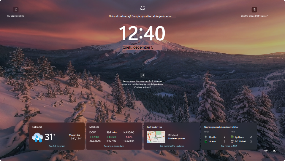 Posnetek zaslona zaklenjenega zaslona sistema Windows 11.