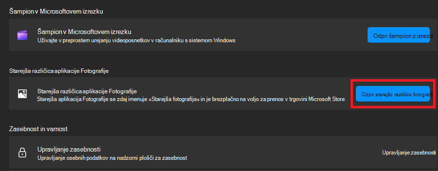 Kliknite »Odpri starejšo različico aplikacije Fotografije«