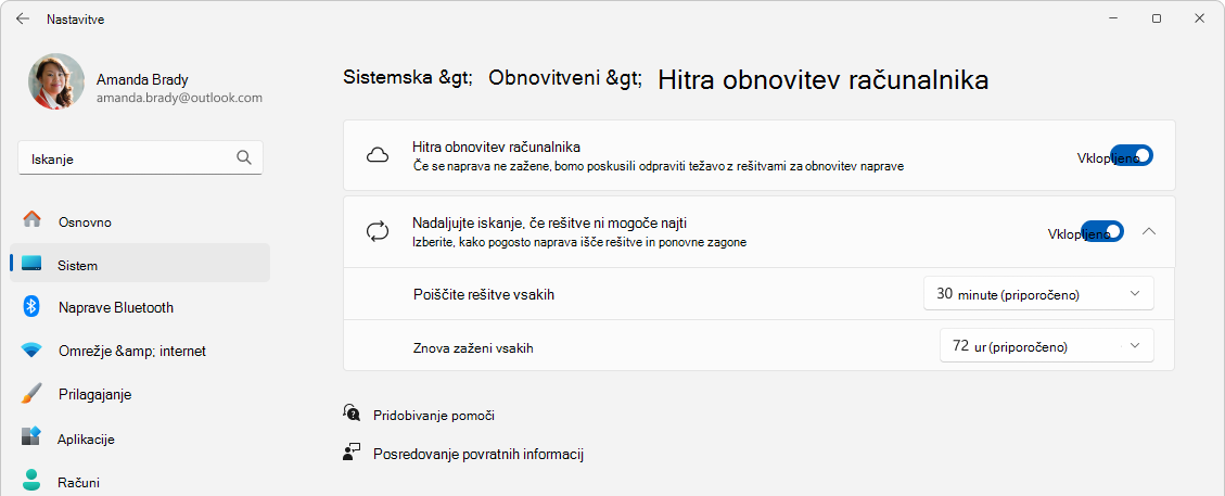 Posnetek zaslona hitre obnovitvene nastavitve >> stroja.