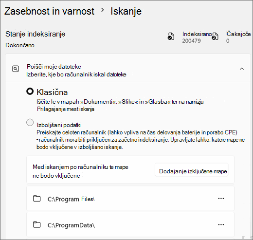 Posnetek zaslona, ki prikazuje nastavitve storitve Windows Search.