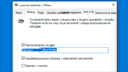 Skupna raba tiskalnika v oknu »Lastnosti tiskalnika«