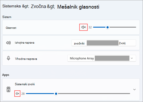 Oglejte si glasnost in privzete zvočne naprave v mešalniku glasnosti Windows 11.