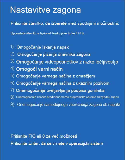 Posnetek zaslona seznama zagonskih nastavitev.