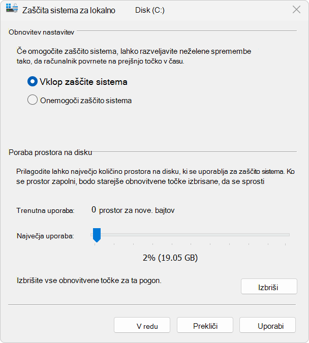 Posnetek zaslona zaščite sistema.