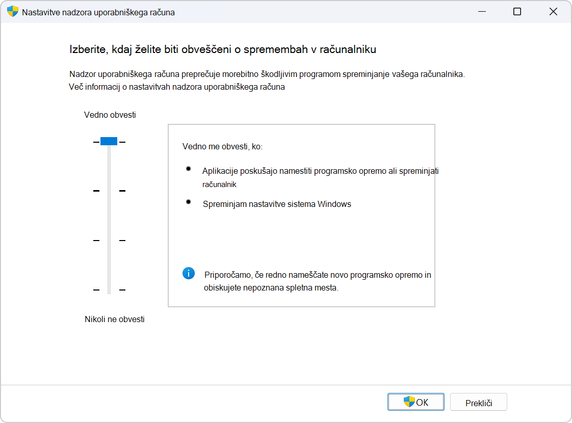 Screenshot of the settings to configure UAC.