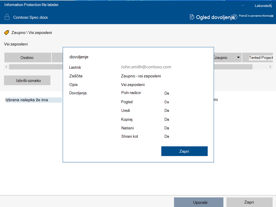 Ogled dovoljenj z označevalnikom datotek Microsoft Purview Information Protection