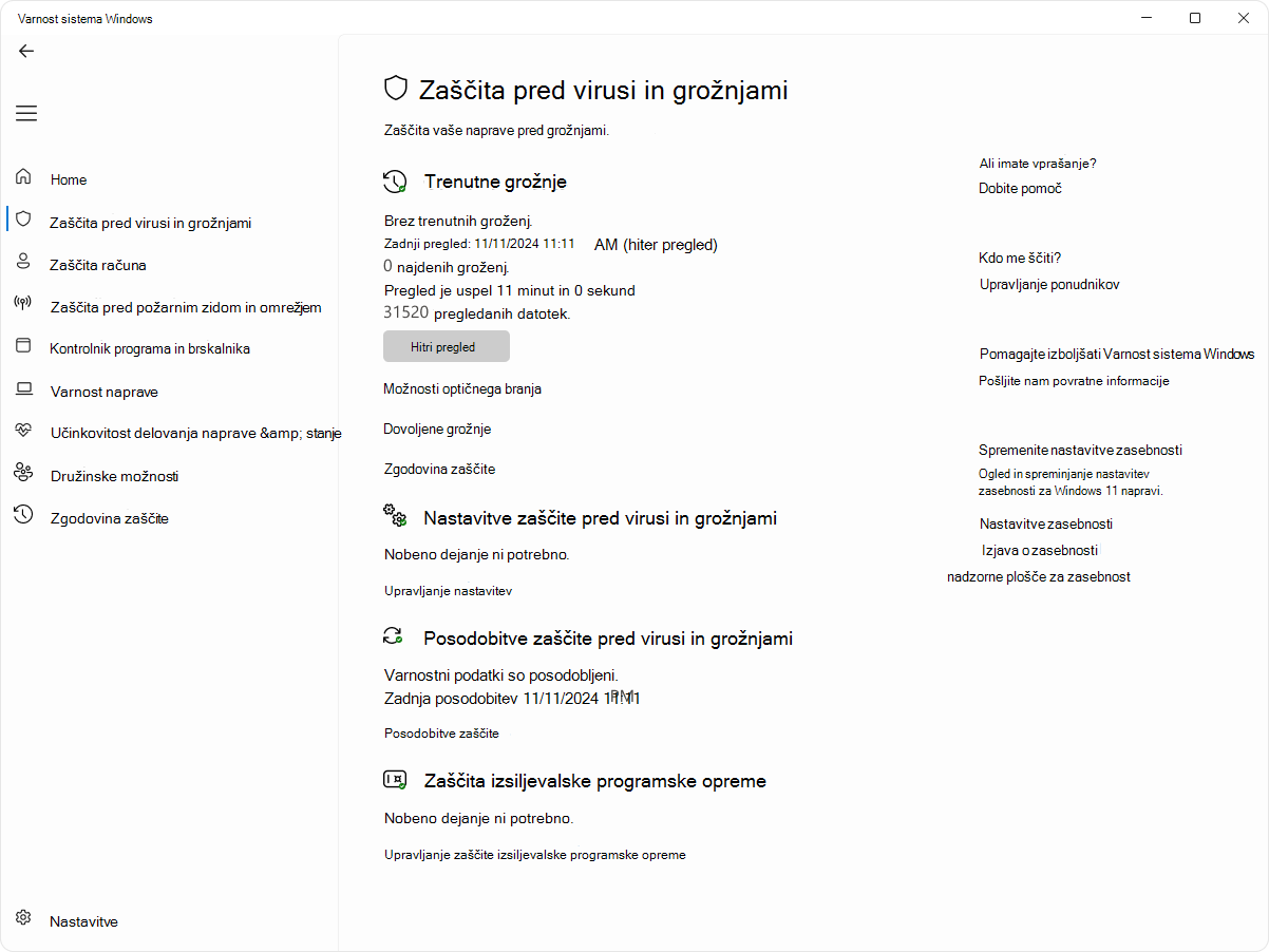 Posnetek zaslona strani za zaščito pred virusi in grožnjami v aplikaciji Varnost sistema Windows.