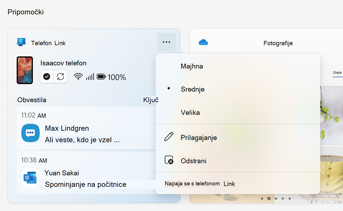 Meni pripomočka Povezava s telefonom, ki prikazuje možnosti velikosti, prilagajanja, odstranjevanja in poganja Povezava s telefonom.