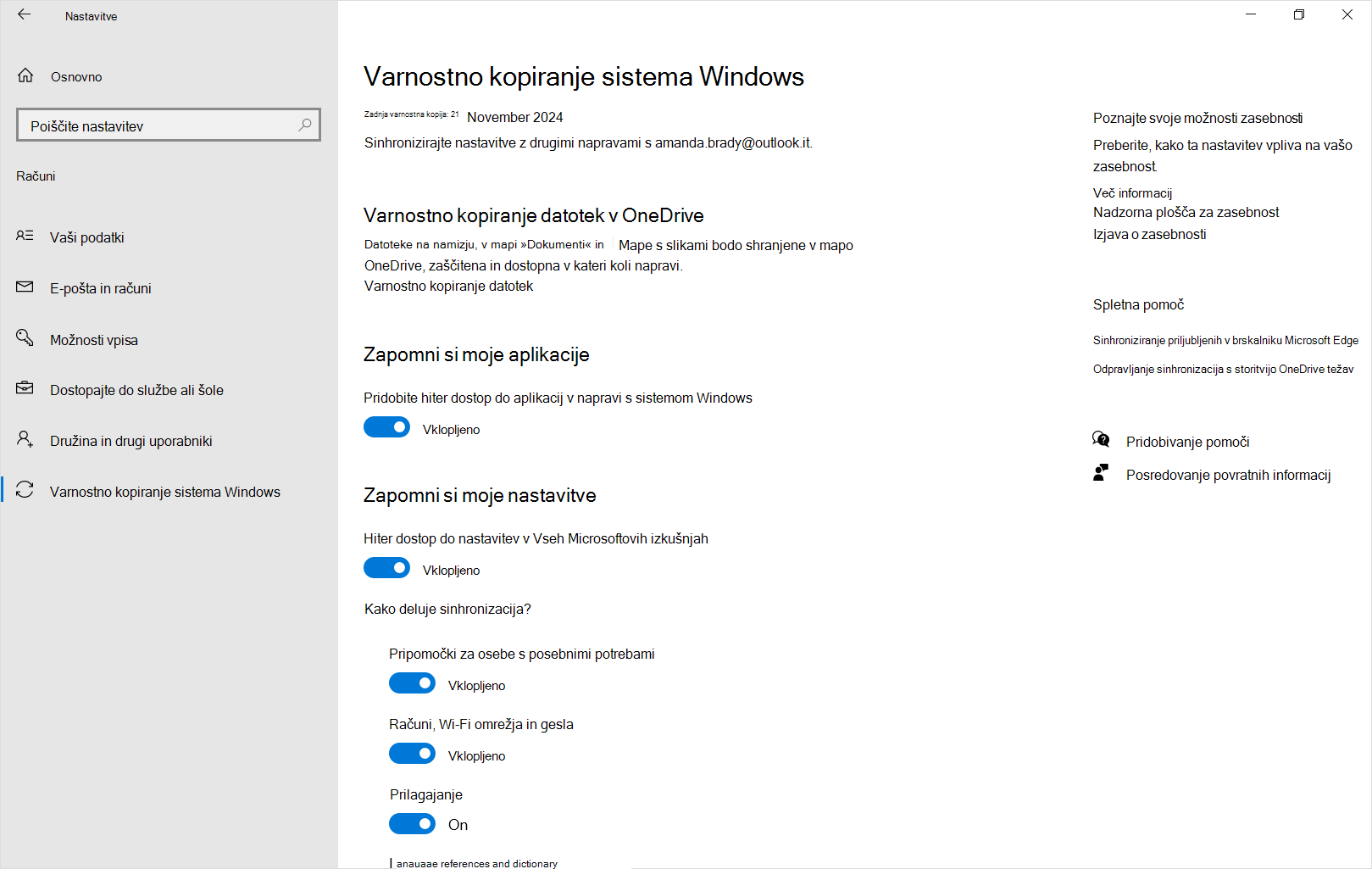 Posnetek zaslona Nastavitve varnostno kopiranje sistema Windows v Windows 10.