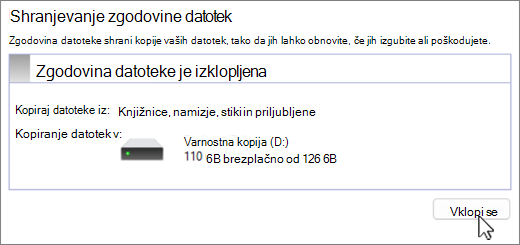 Posnetek zaslona nastavitve varnostnega kopiranja zgodovine datoteke sistema Windows.