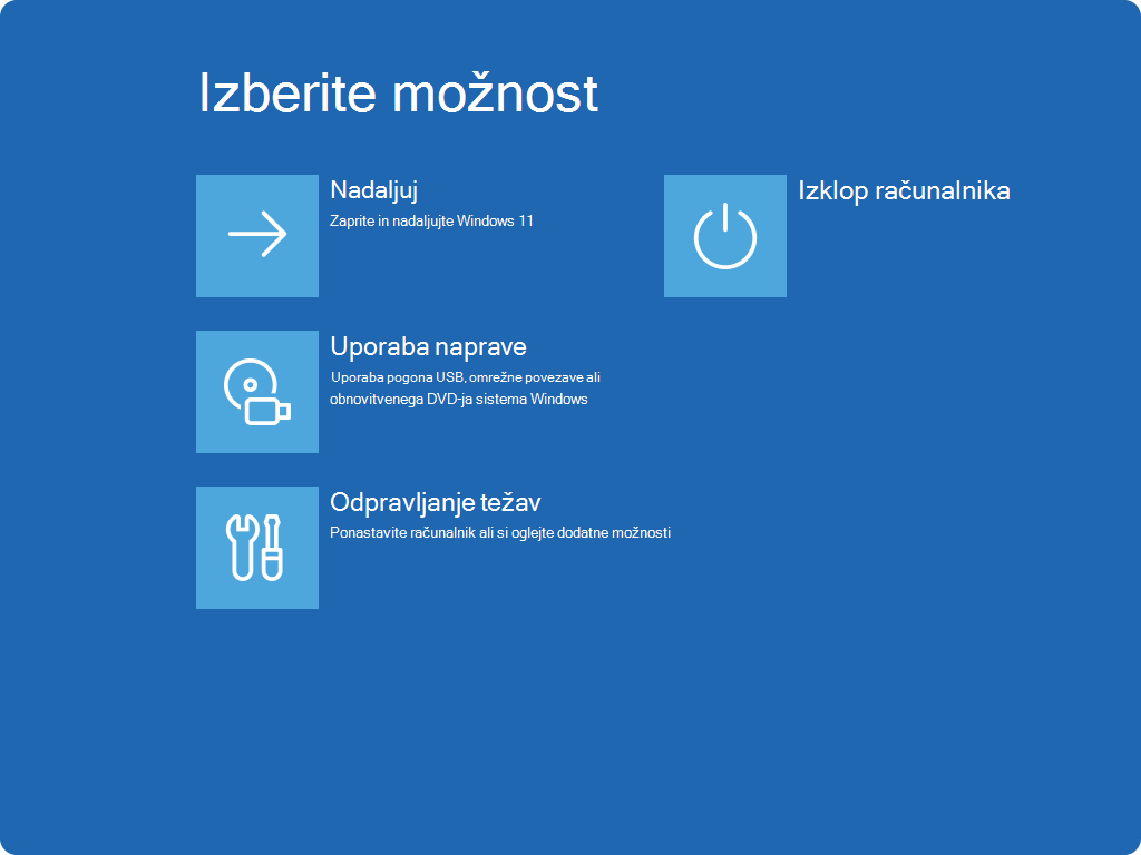 Posnetek zaslona Izberite možnost v Windows RE.