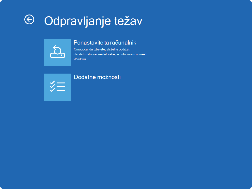 Posnetek zaslona Windows RE – Odpravljanje težav.