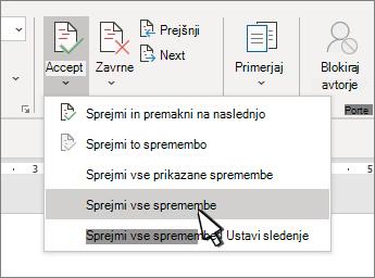 Spustni seznam z možnostjo »Sprejmi vse spremembe« v Wordu