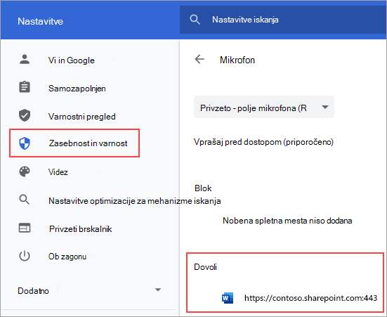 Stran z nastavitvami dovoljenj za mikrofon za Chrome