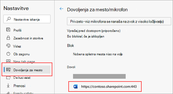 Stran z nastavitvami dovoljenj za mikrofon za Microsoft Edge
