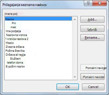 Pogovorno okno »Prilagajanje seznama naslovov«
