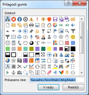 Možnosti gumba v polju »Prilagodi gumb«