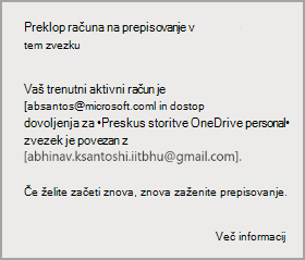 Preklopite med računi, če želite uporabljati prepis v tem zvezku