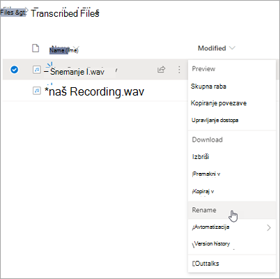 Datotečni vmesnik OneDrive z označenim posnetkom in označeno možnostjo Preimenuj v priročnem meniju