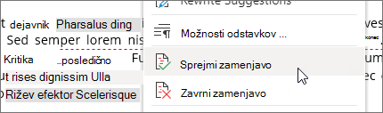 Z desno tipko miške kliknite spremembo, da sprejmete ali zavrnete spremembo.